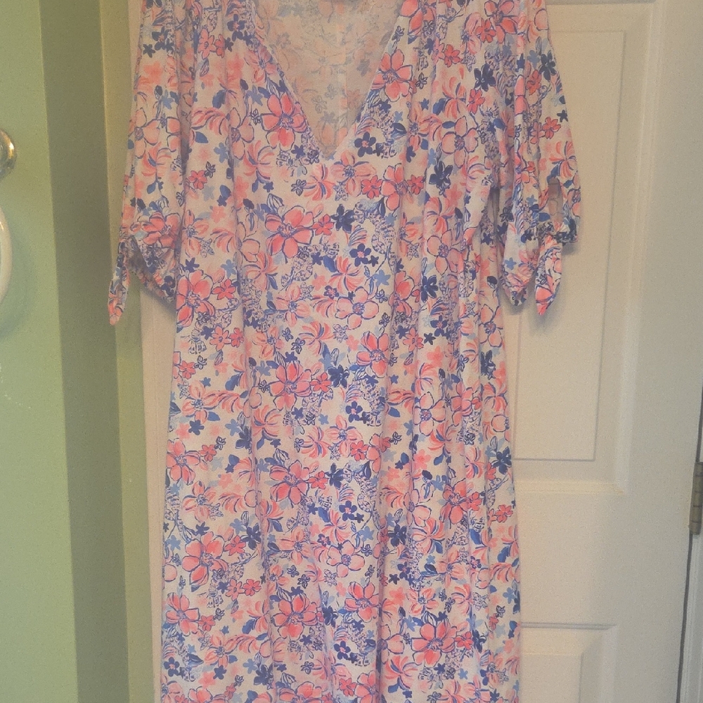 Lilly Pulitzer Vibrant Floral Midi Dress - Pink and Blue. Soft Cotton .